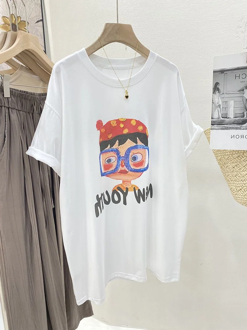 

plus Size 300 Pou Pure Cotton ort Sve T-irt Women's Loose Belly Covering Top Trendy Summer Cartoon Print Casual Wear