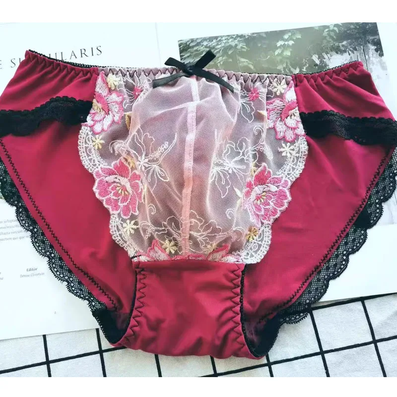 Вино-красный кружевной мешочек с вышивкой и бантом, мужские сексуальные трусы, трансвестит, трусики для пар с низкой талией, BF, костюм для частной вечеринки