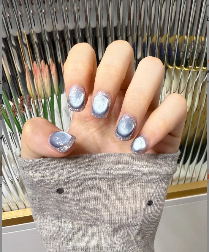 10pcs handmade nail  blue retro hand-painted three-dimensional embossed cat's eye short nail  suitable for girls press on nails
