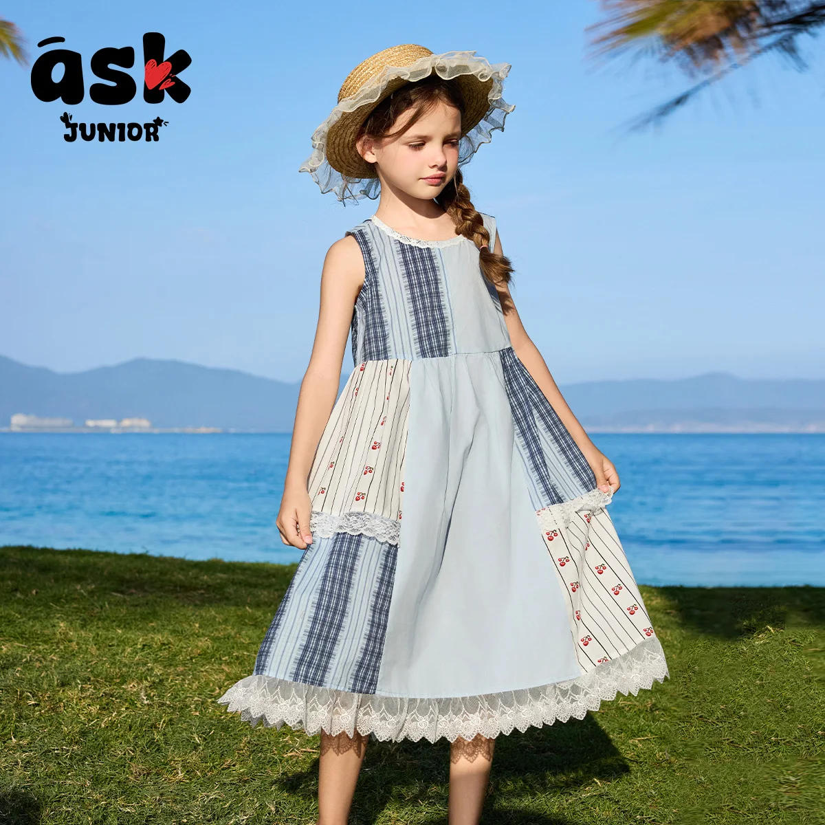 فستان بناتي صيفي متباين الألوان بدون أكمام #1