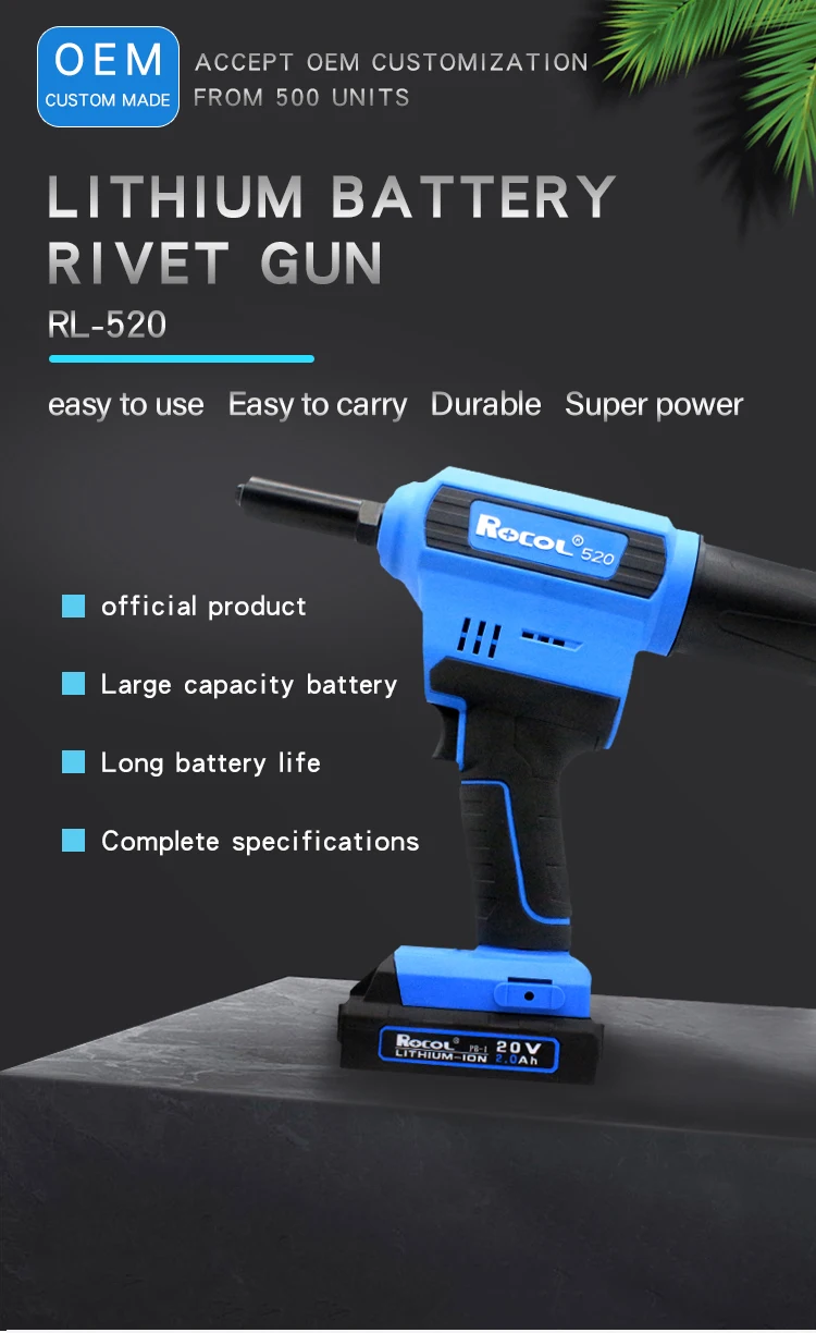 Electric Rivet Gun Rocol RL-520 Lithium Battery Automatic Rivet Gun Core Pulling Riveting Tool Stainless Steel Brushed Rivets
