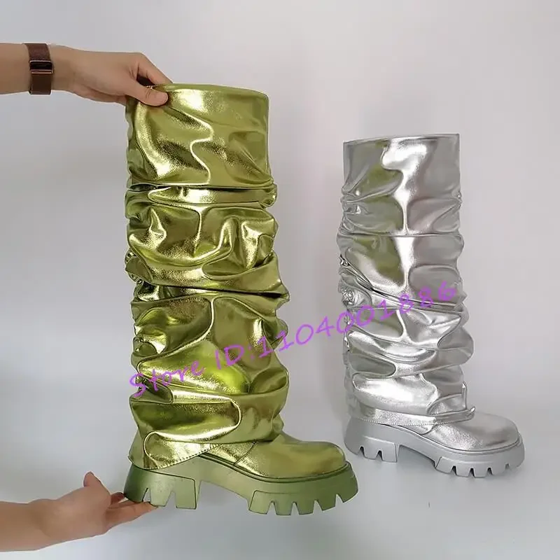 Trendy Green Knee High Boots Women\'s Platform Round Toe Pleated Motorcycle Boots New Thick Bottom Gold Silver Large Size Shoes