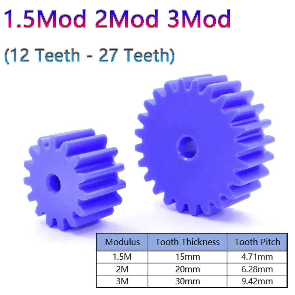 1.5M 2M 3M 12T-27T Plastic Spur Gear 1.5 2 3Mod Cylindrical Flat Gear 12 13 14 15 16 17 18 to 27Teeth Blue Nylon Drive Gears