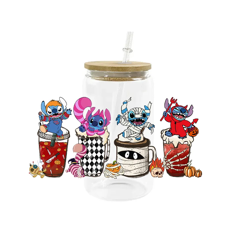 Miniso Cartoon Hallowee Stitch16OZ UV DTF Cup Wraps, pegatina de transferencia para botella de vidrio liberbey Can, autoadhesivo lavable, taza DIY