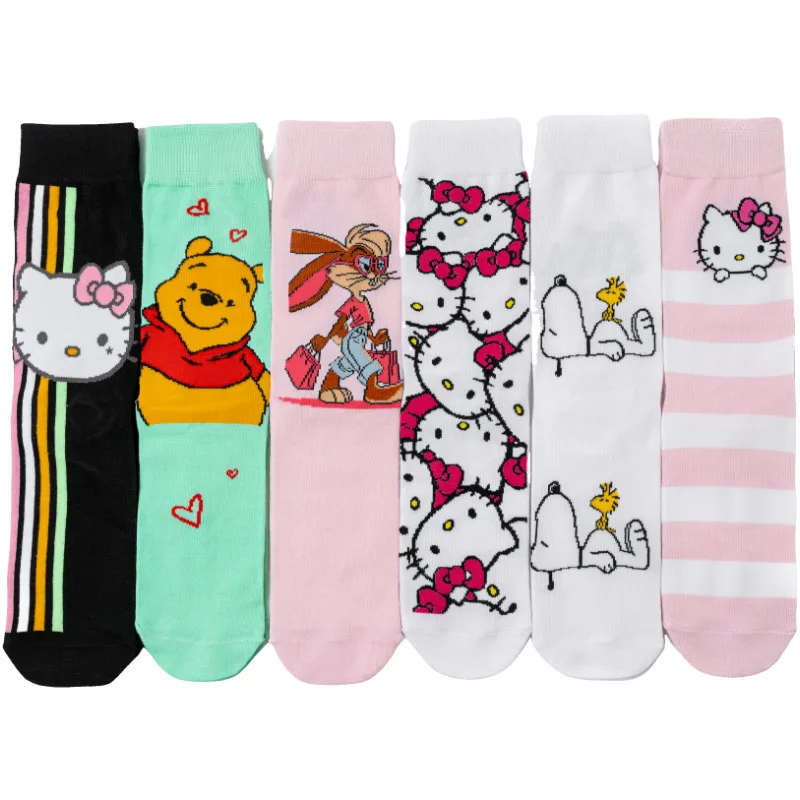 

1-6psc Ladies' Four Seasons Snoopy Collection Gentlemen's Pure Cotton Winnie the Pooh Cartoon Style Hello Kitty Fashion Socks fo