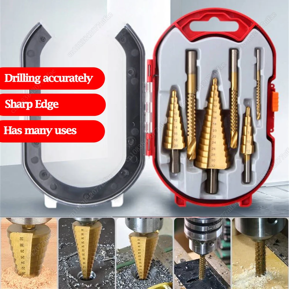 

6PCS 4-12 4-20 4-32mm 3 6 8mm Titanium Coated Pagoda Drill Sawtooth Drill Woodworking Hole Expansion Groove Wood Drilling