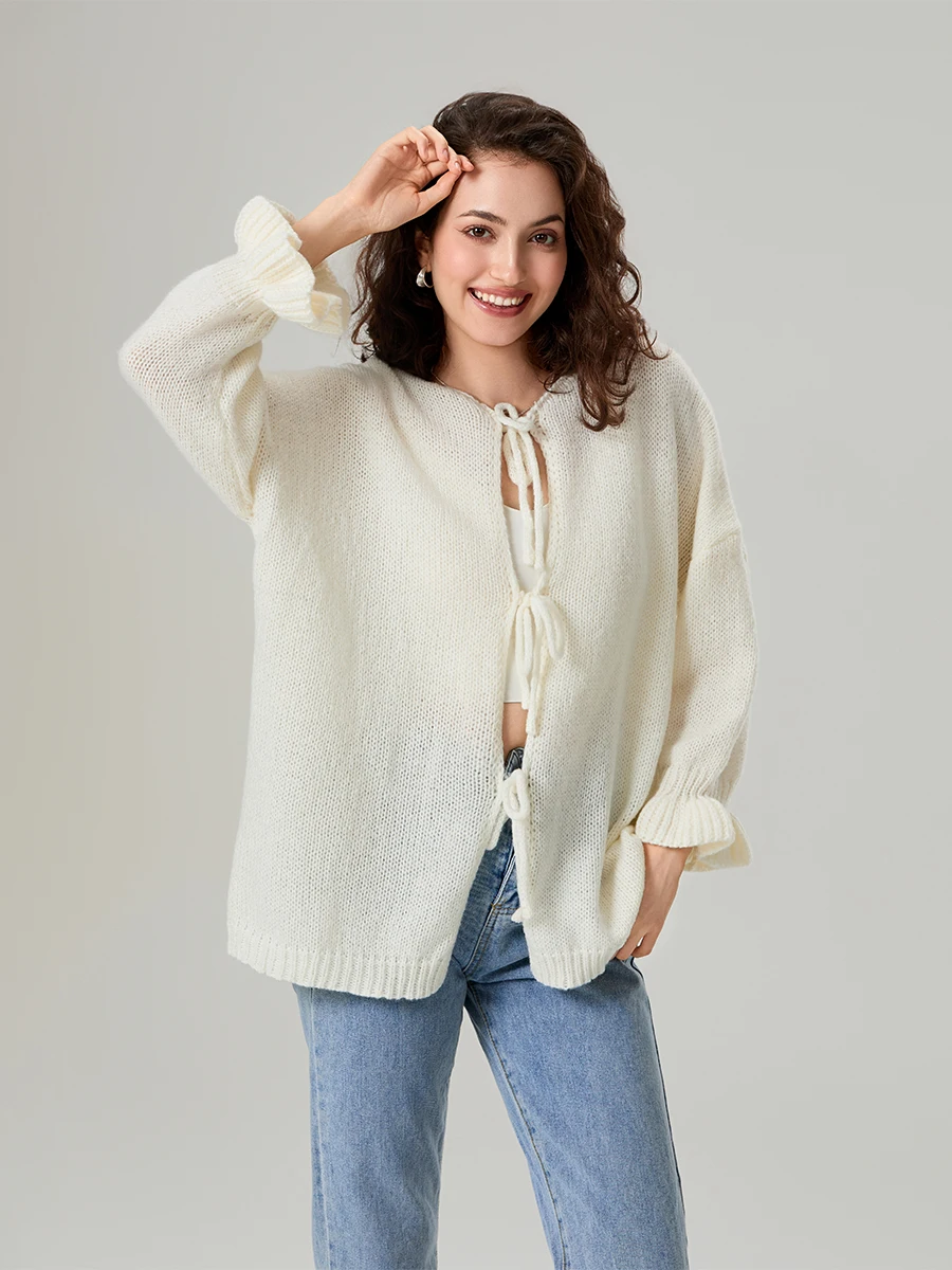 Elegant Women s Knit Cardigan with Tie-Up Front and Long Sleeves Stylish Solid Color Fall Sweater Coat for Casual Wear