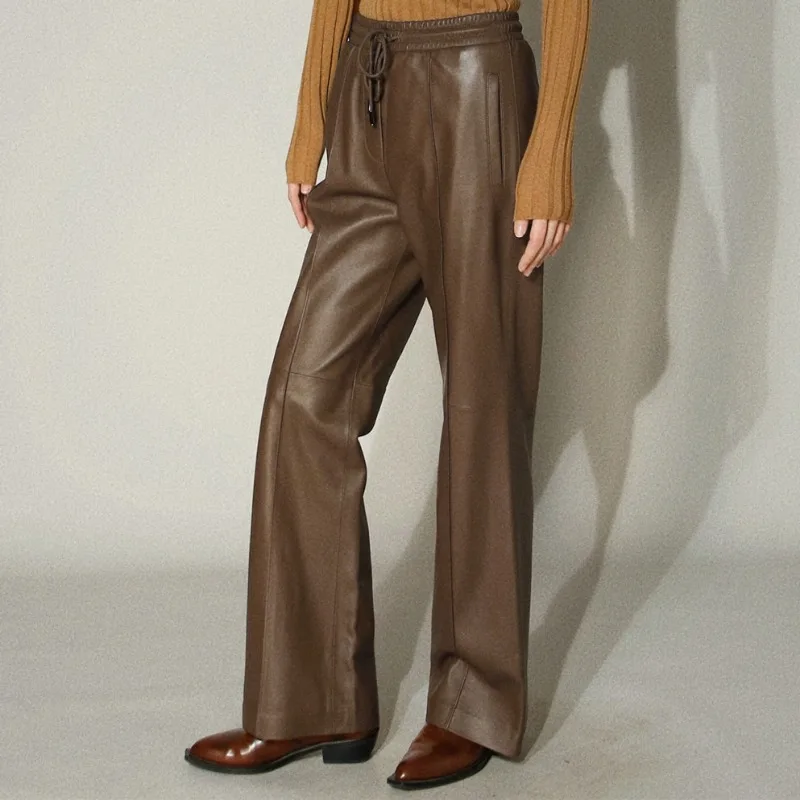 Genuine Leather Pants for Commuting with Elastic Waist Drawstring Long Sheepskin Wide Leg Pants