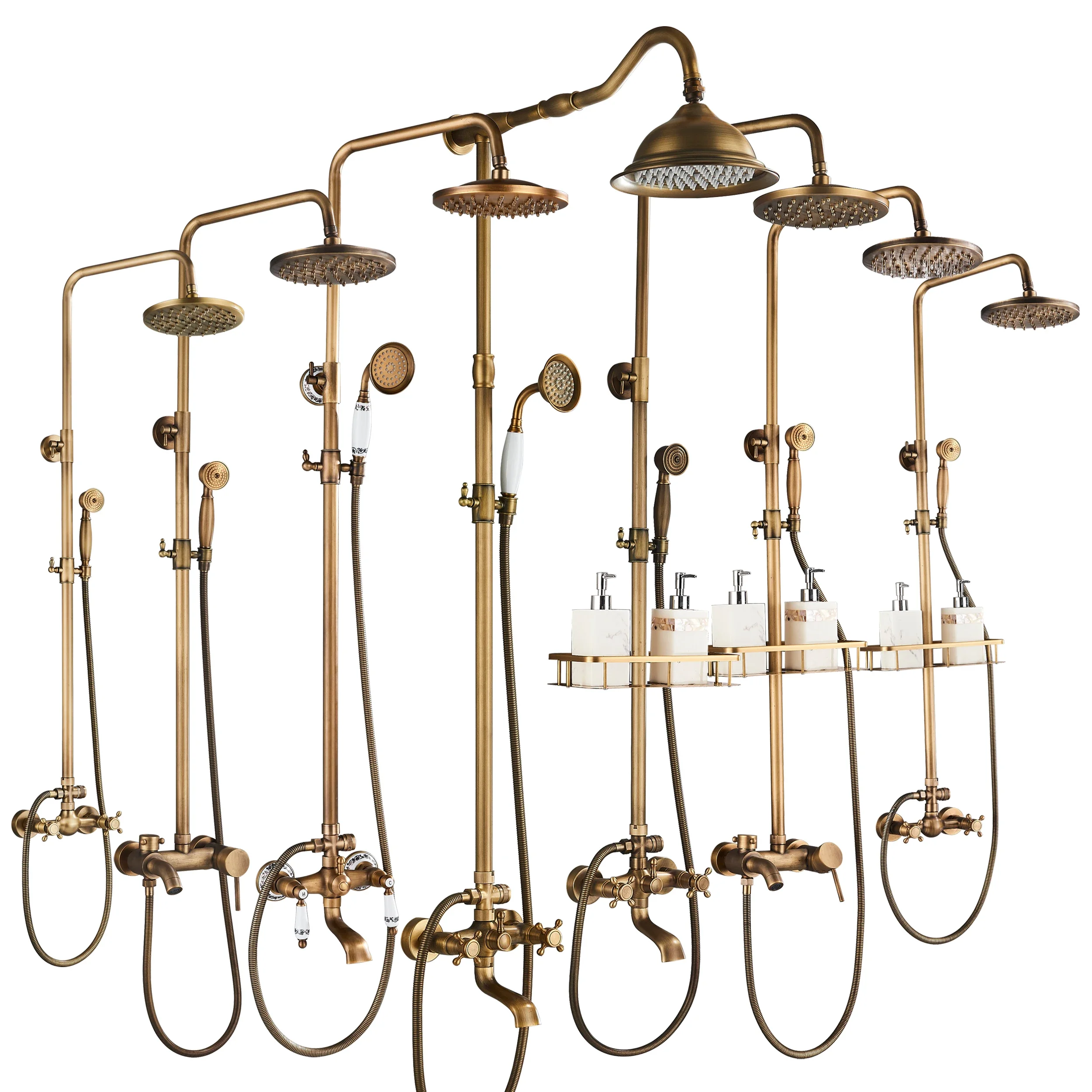 POIQIHY Antique Shower Set Wall Bathroom Bath Shower Faucet Rainfall Brass Swivel Spout Mixer Tap Sliding Bar Shower System