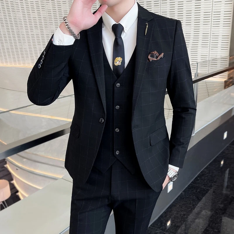 

om's Wedding Suit Tee-Piece Set Men's Casual Busin Formal Korean Plaid Jaet Pants irt Faionable Urban Sle