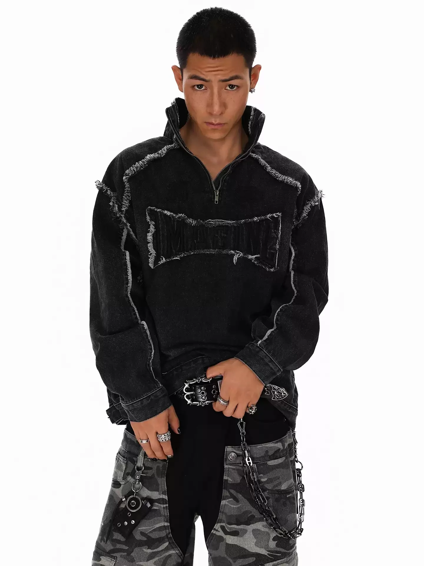 American Style High Street Splicing For Man New Style Handsome Loose Stand Collar Washing Fashionable Denim Sweatshirt