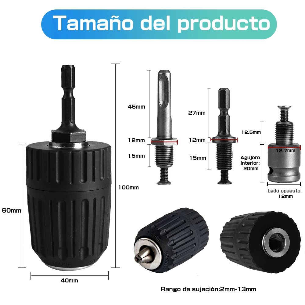 2-13mm Keyless Drill Chuck Adapter 1/2-20Unf Drill Chuck with SDS-PLUS Shank Bit  Socket Square Female Adapter for Impact Drive