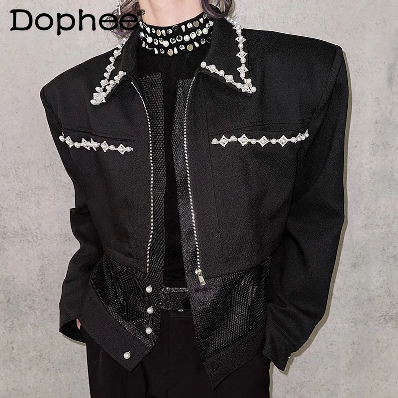 

Men's Trendy Jackets 2025 Autumn New Small Fragrant Design Stylish Jackets Male Long Sleeve Beaded Retro Zipper Hollow Out Coats