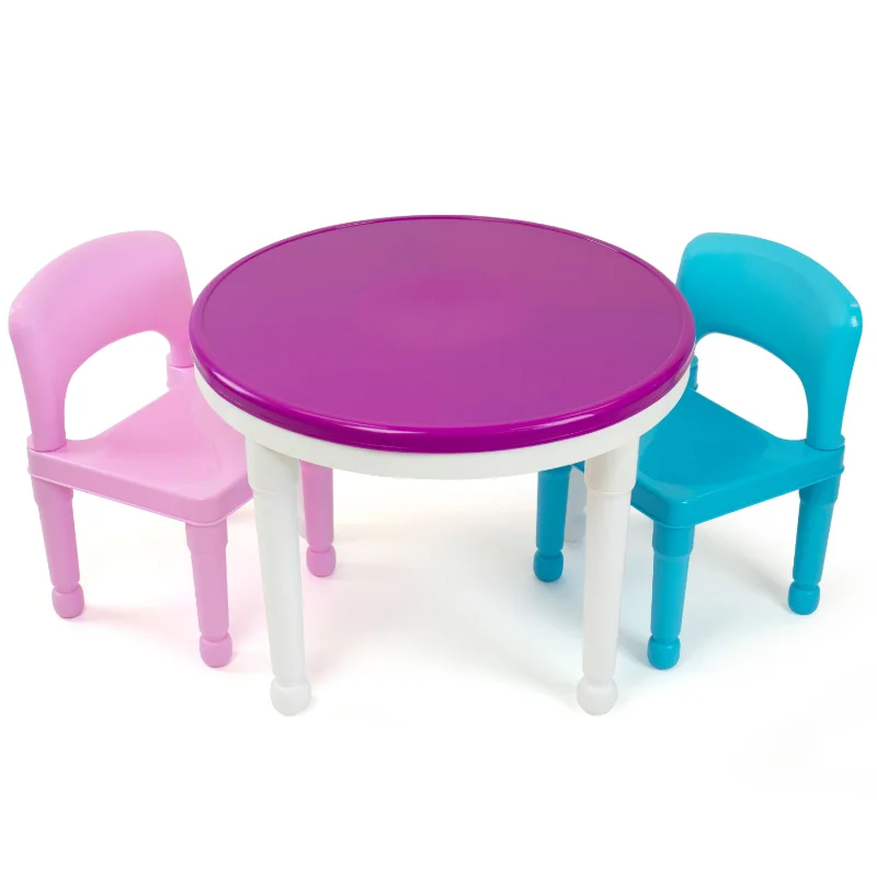 Kids 2-in-1 Plastic Activity Table and 2 Chairs Set, Round, White, Blue & Pink school desk and chair