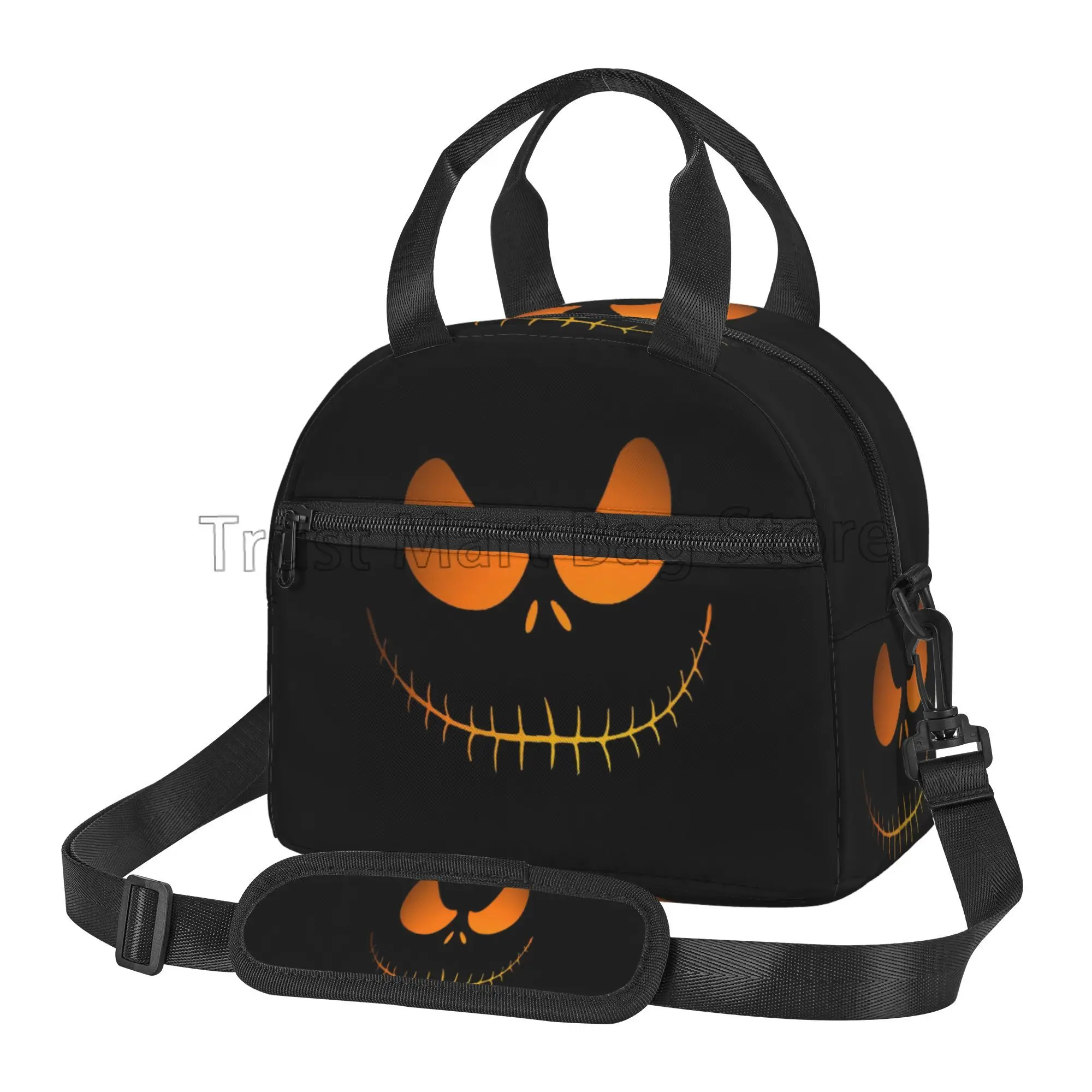 Halloween Orange Pumpkins Faces Insulated Lunch Bag for Kids Adults Reusable Portable Thermal Bento Tote with Adjustable Strap