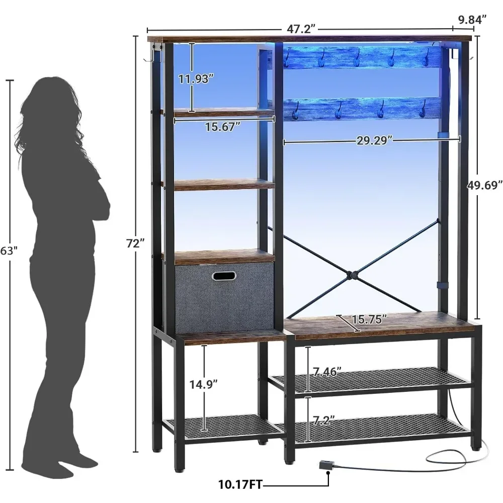 Roupas e Chapéu Rack com Mesa De Armazenamento, Metal Roupas Rack com Luzes LED, Prateleira, Gancho Lateral, 71"