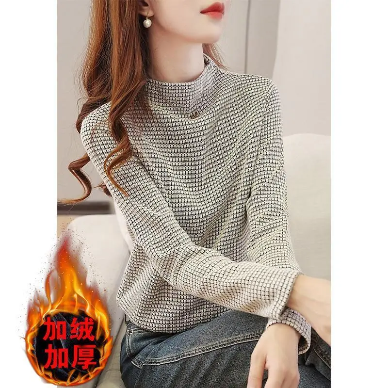 Temperament Plus Plush Thick Half High Neck Long Sleeved Base Women's Autumn and Winter New Youthful and Stylish Loose Top Trend