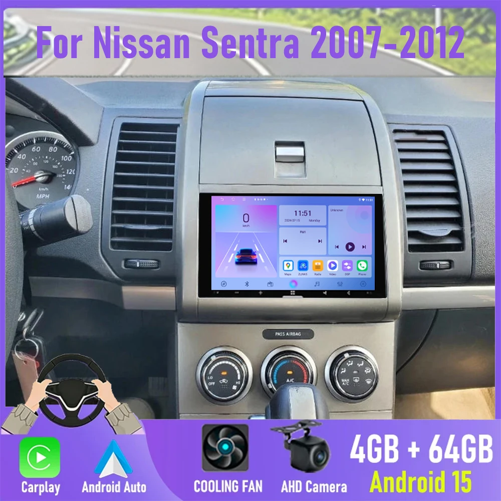7'' For Nissan Sentra 2007-2012 Car Radio SIM 2DIN Android 15 Auto Steering Wheel Control Bluetooth Google Map GPS Navi Stereo