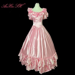 AnXin SH vintage pink rose flower princess o neck puff sleeve big bow ruffles party lace up Antique customized evening dress