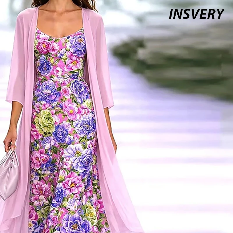 

New Vintage Printing Cardigan 2 Piece Camisole Dress Elegant Spring Summer Long Sleeve Beach Holiday Dress Suits Party Clothes