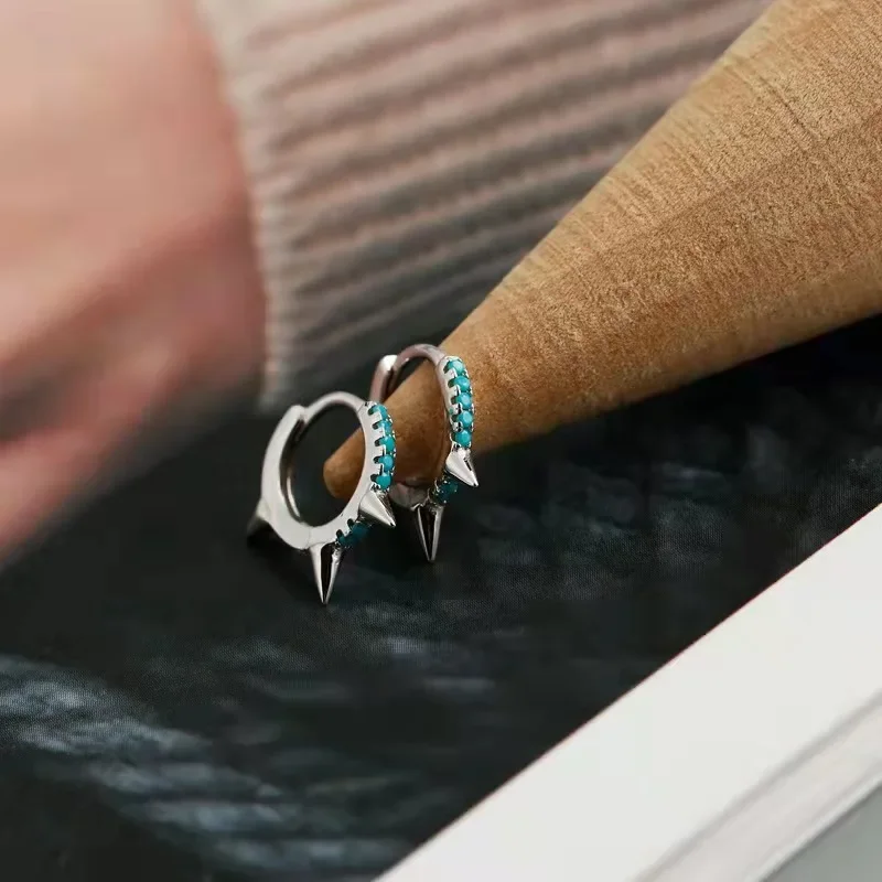 Pave Turquoise Blue Zircon Spike Huggie Mini Hoops for Women Crystal Circle Ring Loops Earrings Jewelry