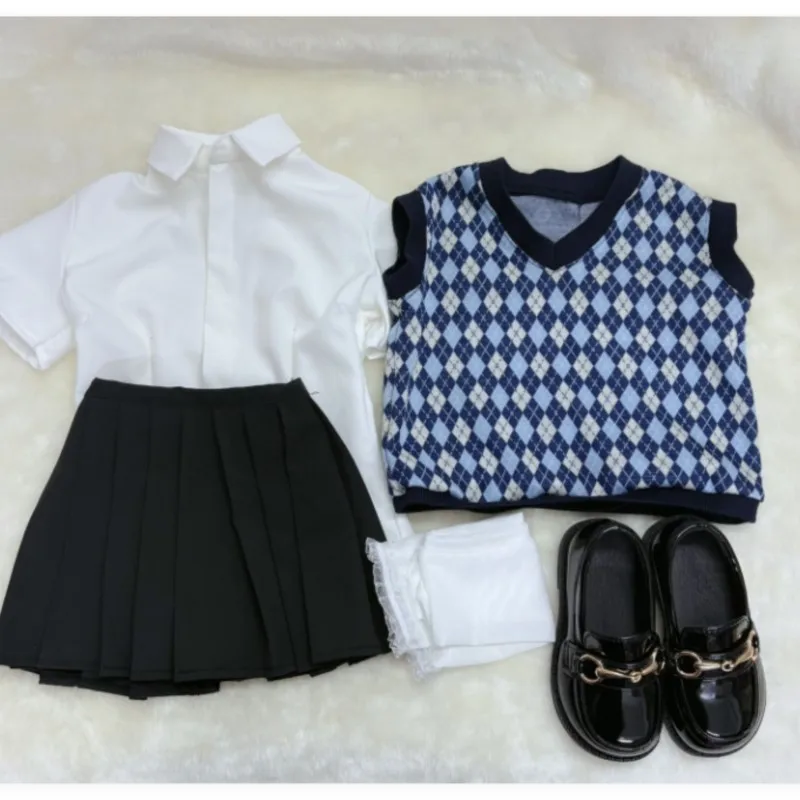 Preppy Style Hand Crocheted Vest 68-80cm Silicone Doll JK Uniform White Shirt Pleated Skirt Socks Shoes Doll Dress Up Clothing