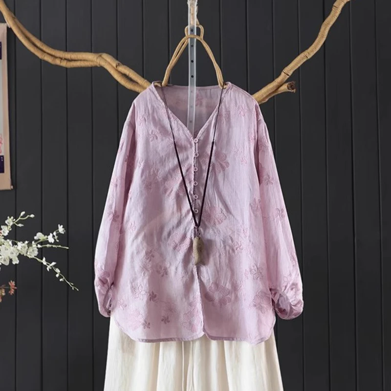 

100% Linen Women Casual Shirt New Arrival 2025 Summer Vintage Style V-neck Floral Embroidery Loose Female Tops Shirts M1714