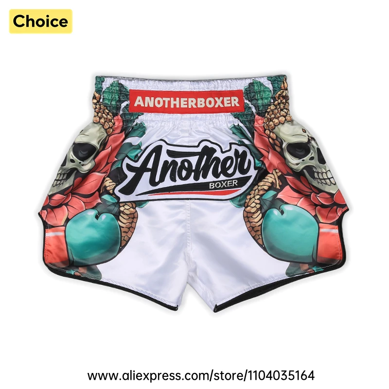 Trendy Skull Rose White Muay Thai Fight Shorts Gloss Satin Boxing Trunks Elastic High Waist Loose Fit for Sparring Martial Arts