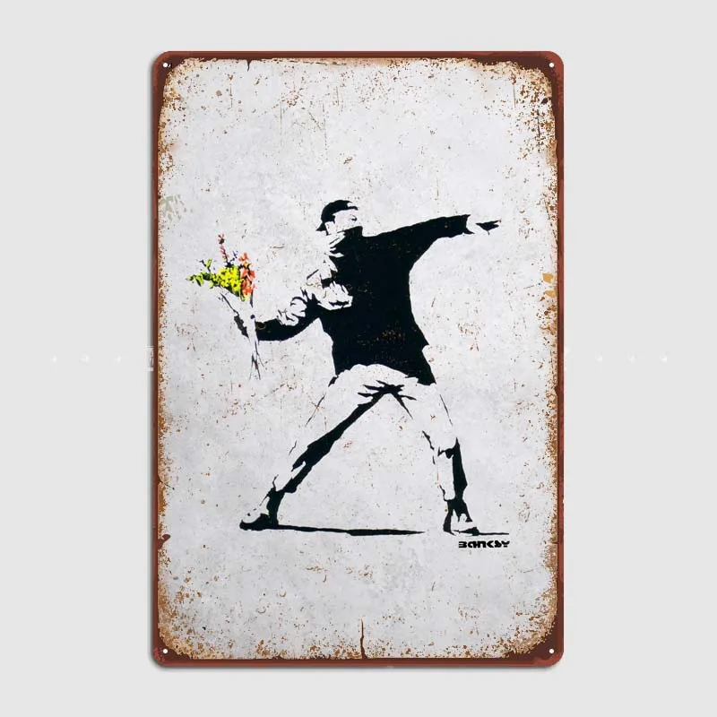 Custom Metal Sign Plate Room Decoration Banksy Flower Thrower House Decor for Pub Club Coffee Bar Garage Retro Wall Decoration