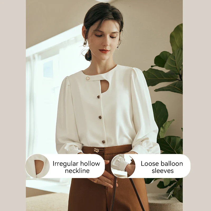 OLrain Women Long Sleeve Shirt 2025 Spring French Elegant Lady Apricot Asymmetric Cut-out Blouses Tops Woman Clothing O23QC65866