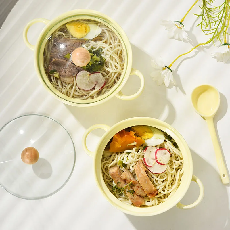 Ins Korean Ceramic Tableware Ramen Bowl with Lid Cute Cartoon Bear Ceramic Soup Bowl Yellow Dormitory Student Salad Noodle Bowl