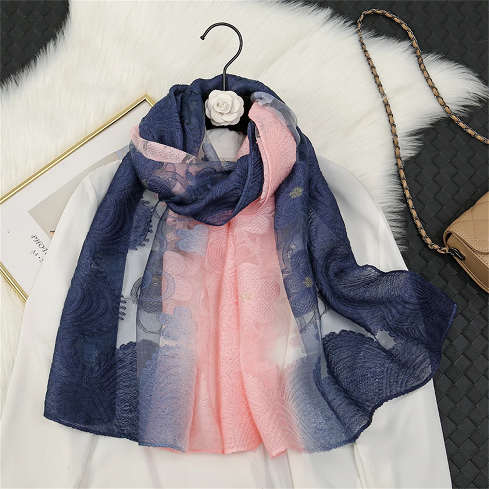 Women Organza Flower Scarf Scarves Embroidery Color Gradient Sunscreen Shawl Adult Long Lace Scarfs Spring Summer Scarf Shawls