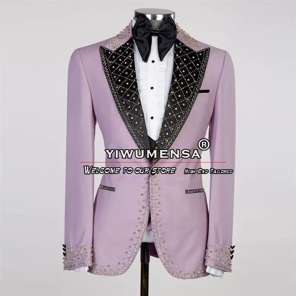 

Elegant Groom Wedding Suits For Men Crystals Beads Black Lapel Jacket Vest Pants 3 PCS Tuxedos Costume Homme Luxe Haute Qualite