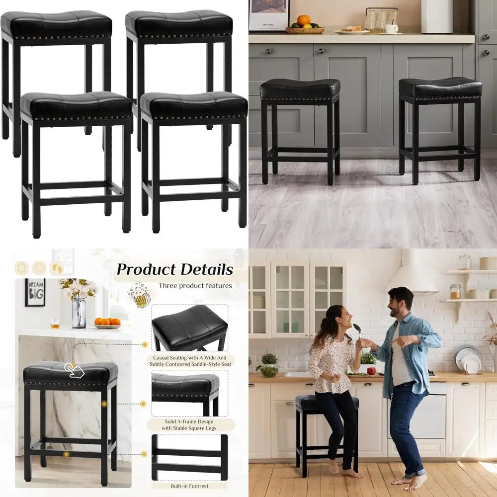 

Set of 4 24 Inch Counter Height Bar Stools with PU Leather Upholstery and Footrests