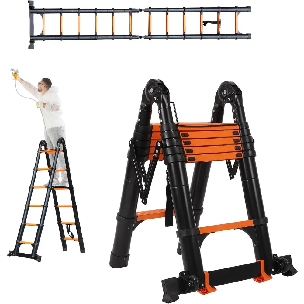 Telescoping Ladder,Telescoping A Frame Ladder with Balance Bar and Movable Wheel,Household Use Folding Ladder,