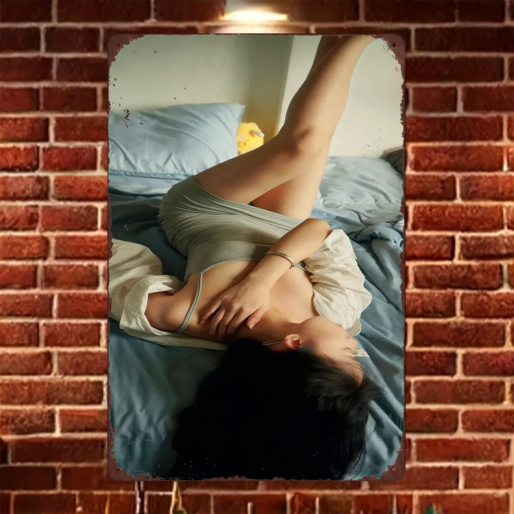HD Tin Sign Vintage Asian Girl in Grey Bodysuit on Bed Metal Wall Art Retro Decor for Home Bar Cafe