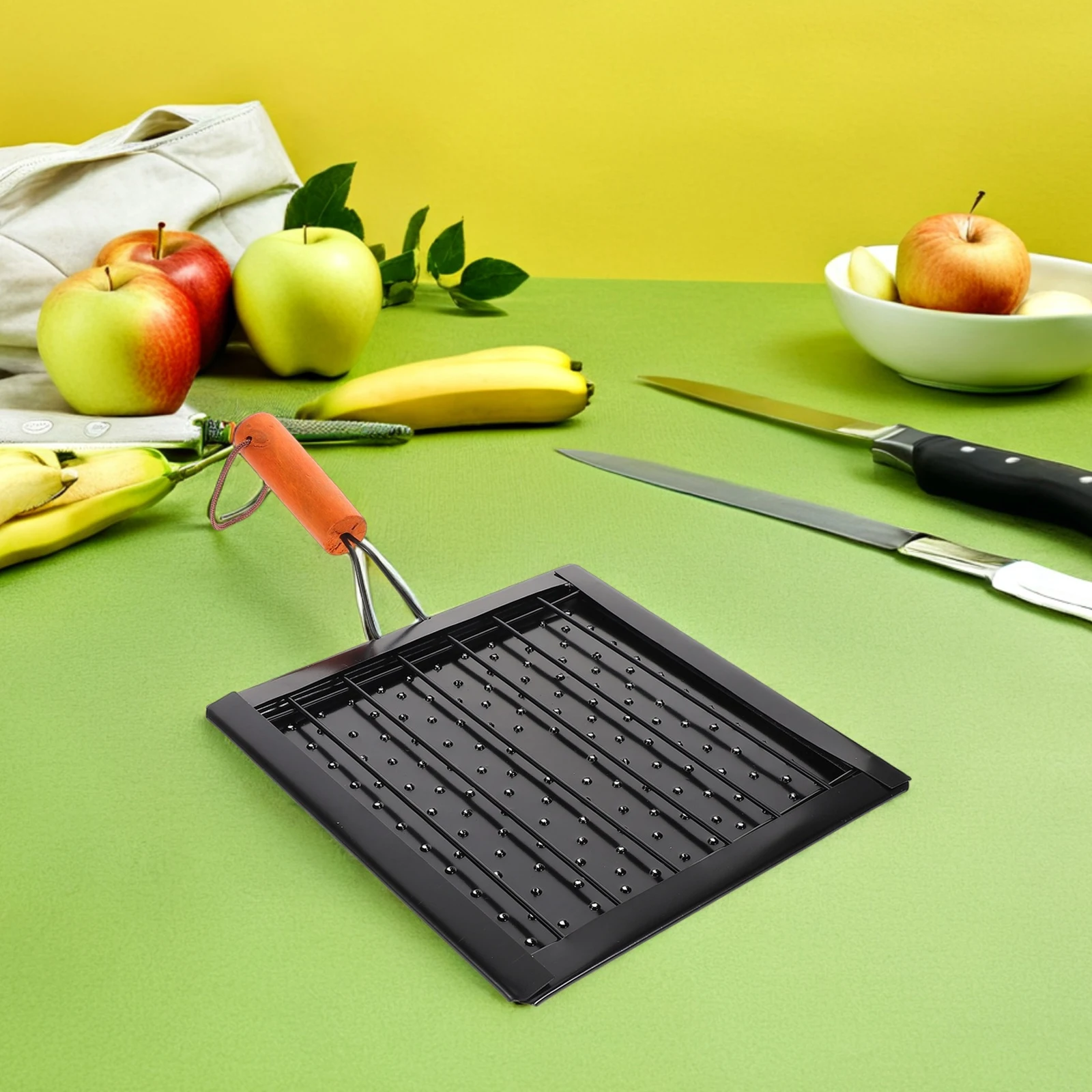 

Multifunctional Foldable Camp Toaster Grill Tray Outdoor Cooking Cookware Portable Square Design Wooden Handle Perforated
