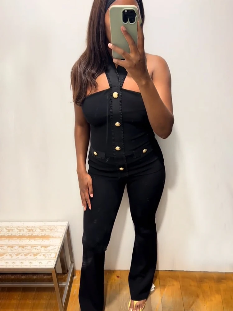 

HH Women 2-Piece Set Summer Elasticity Neck Halter Button Design Sleeveless Backless Sexy Top+Solid Elastic Waist Long Pant