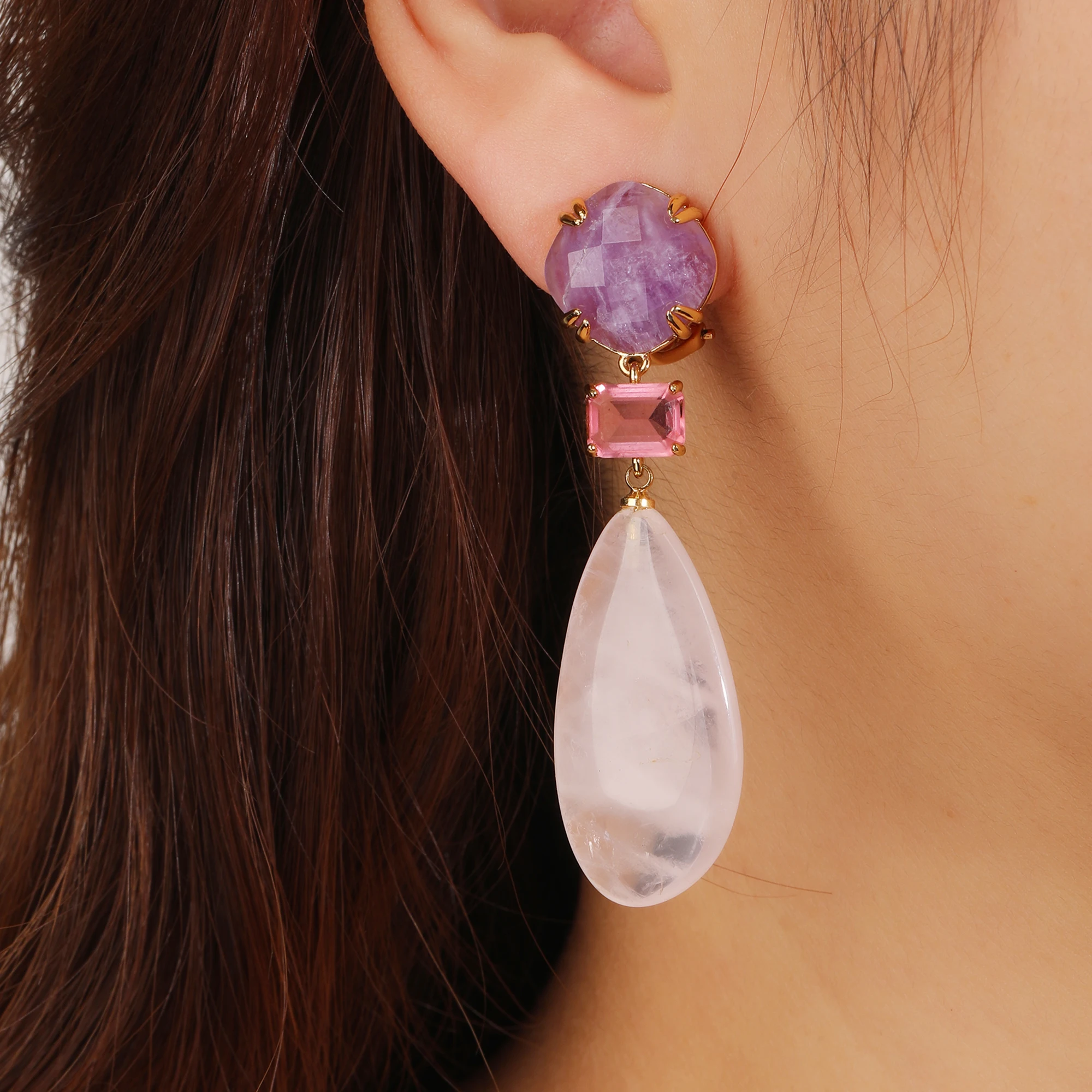 New Arrival 3 Mark Rose Gold Plated Shell Stud Earring High Quality Vintage Natural Pink Aventurine Gemstone Trendy Drop Design