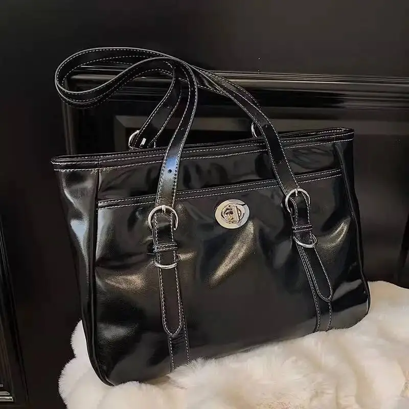 

Bloom Large Capacity Black Tote Bag Women High Street Pu Leather Chic Casual Handbag Female Vintage Shoulder Bags Bolso Mujer