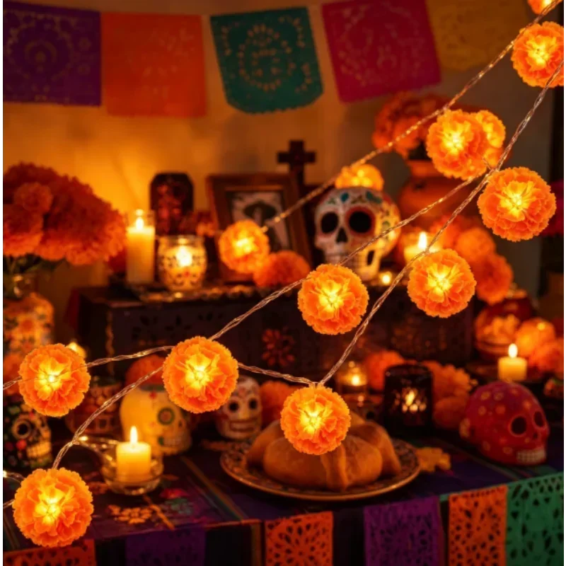 3M LED String Lights Mexican Marigolds 20 Flashing-Orange LEDs, Cempasuchil Style Flower Garland Battery Powered Halloween Decor