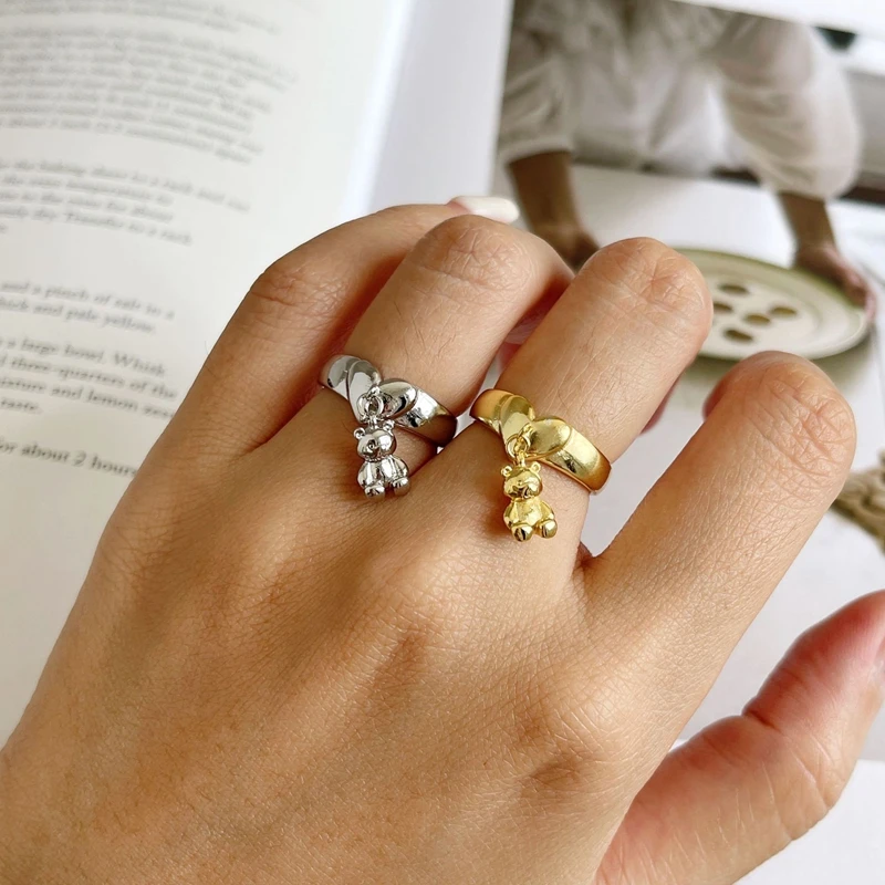 Ins Korean Cute Cartoon Mini Bear Pendant Rings for Women Gold Silver Plated Love Heart Open Ring Jewelry Anillo Whole Sale