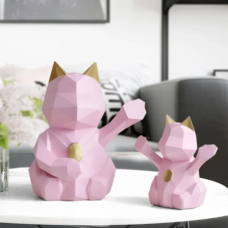 Nordic 3D Stereo Geometric Lucky Cat Crafts Decoration Resin Ornament Home Office Desktop Resin Figurines Mascot Birthday Gift