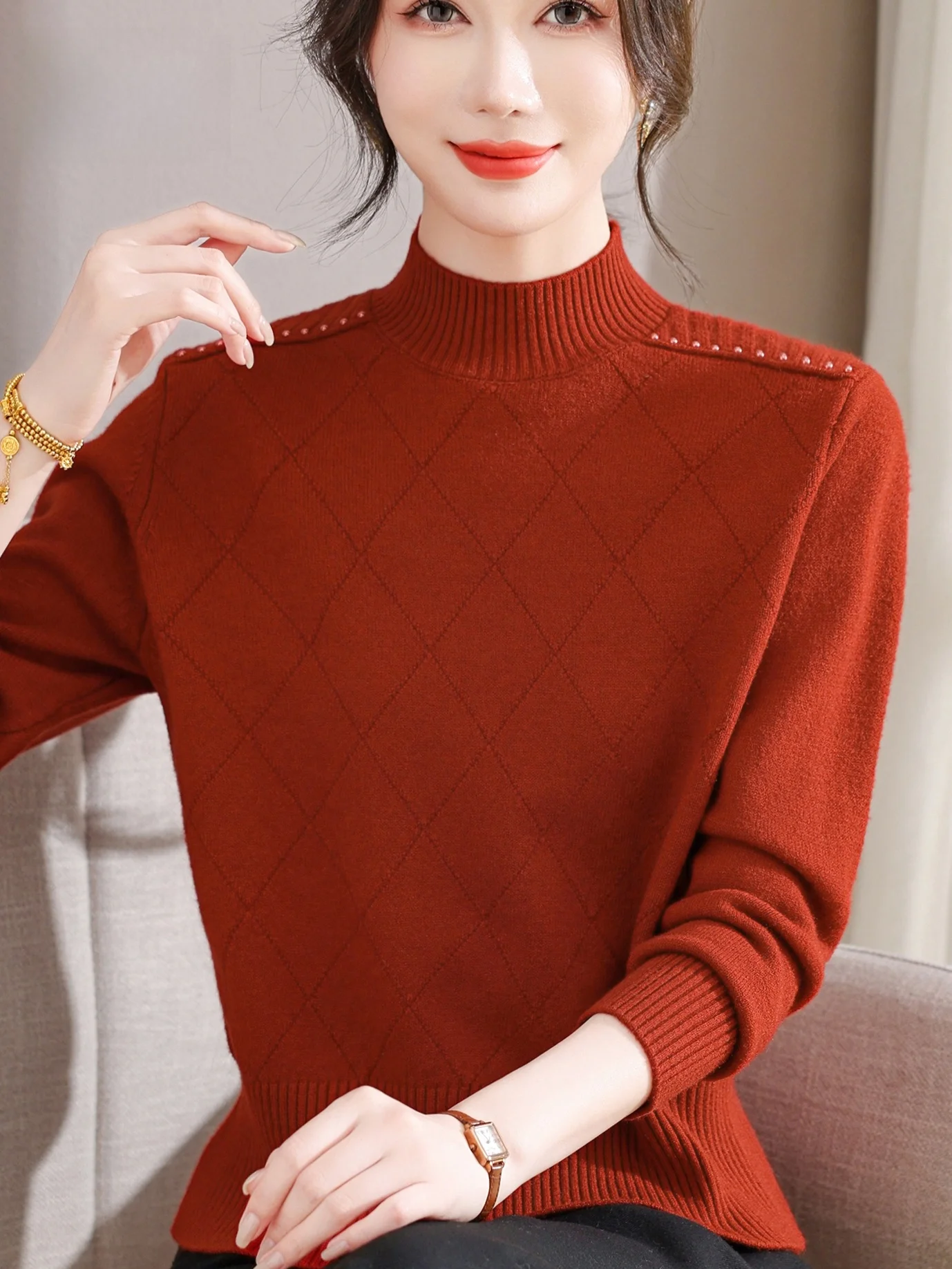 

Модный вязаный свитер Mom Sle с ромбовидным узором и высоким воротником, шерстяные осенне-зимние украшения для среднего возраста...