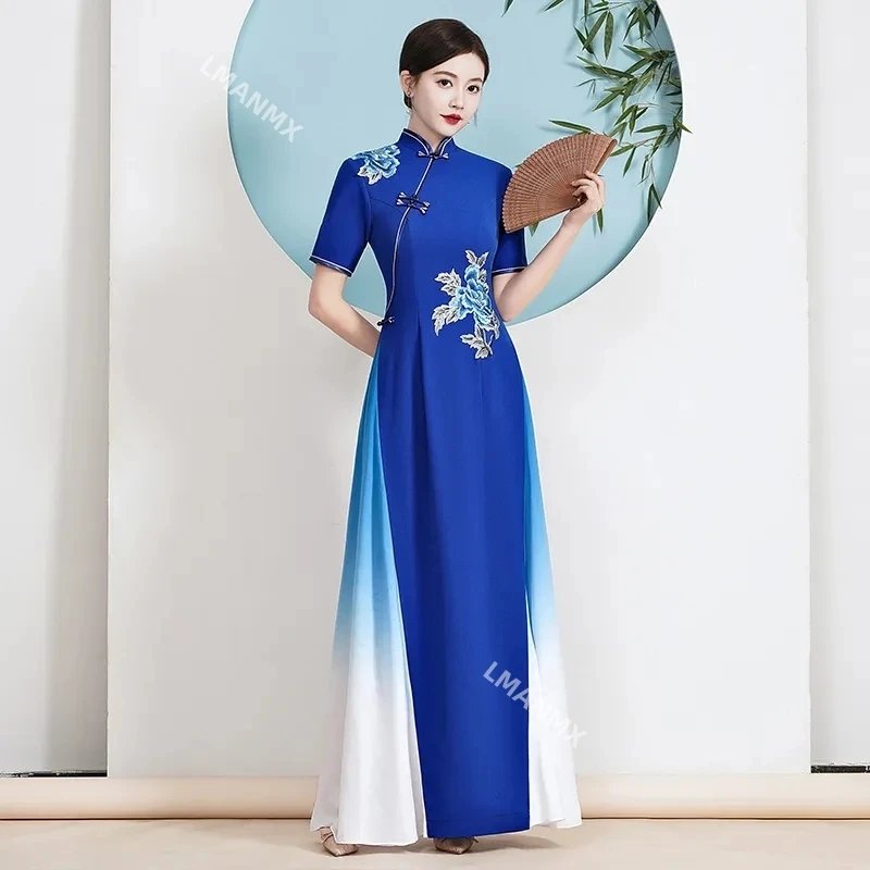 

2024 Ao Dai Cheongsam Folk Style Vietnam Chiffon Aodai Elegant Women Flower Embroidery Traditional Dress Oriental Qipao Dress