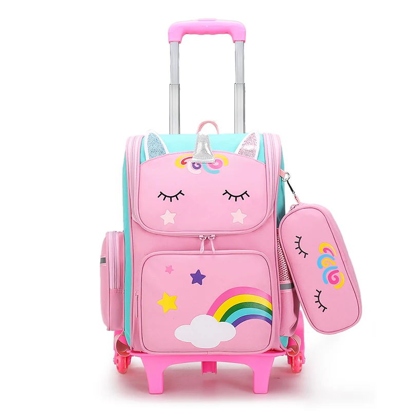 Cartoon Einhorn Schult aschen Roll rucksack für Mädchen Teenager Kinder Trolley Tasche mit Rädern Student Rucksack Kinder