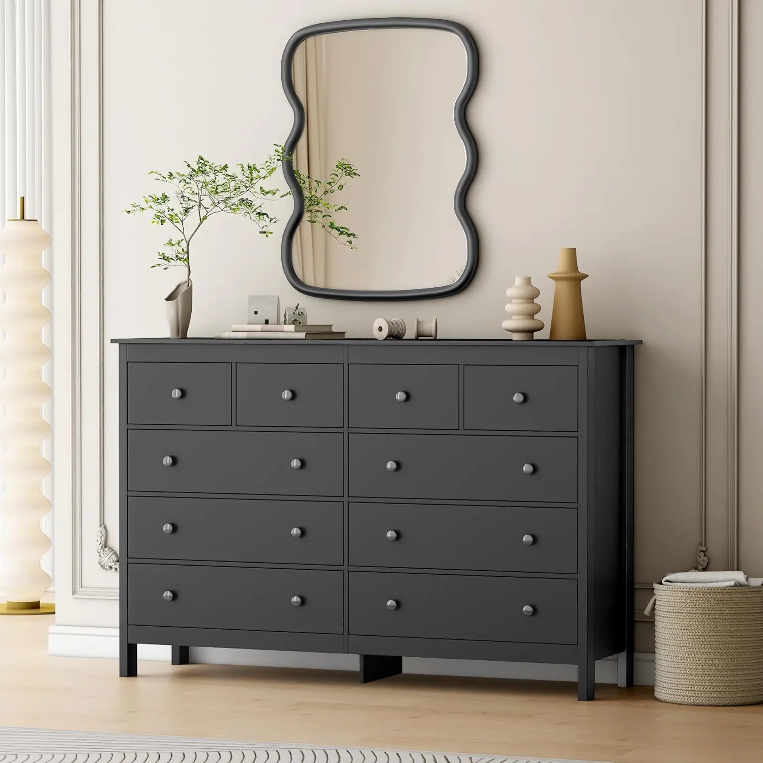 Black 10 Drawer Wide Wooden Dresser for Bedroom, 55