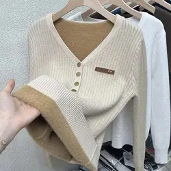 Mink One Piece Plush Thickened Sweater Underlay Sweater Autumn Winter New Korean Temperament Simple Slim V-neck Button Knit Tops