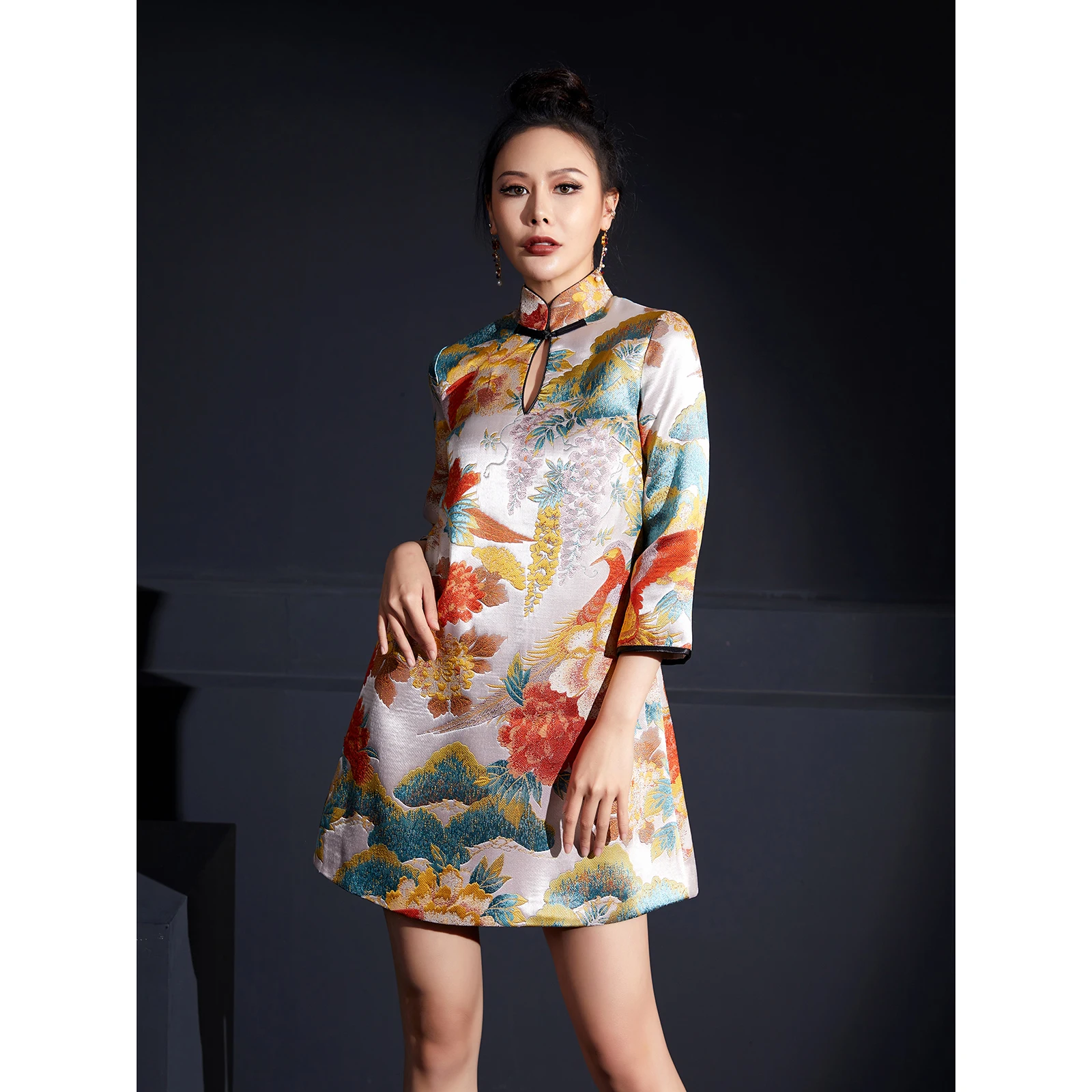 

Original Luxury Floral Embroidery Silk Brocade Loose Tang Suit Dr Vintage Sle ort Length Side Button Cotton