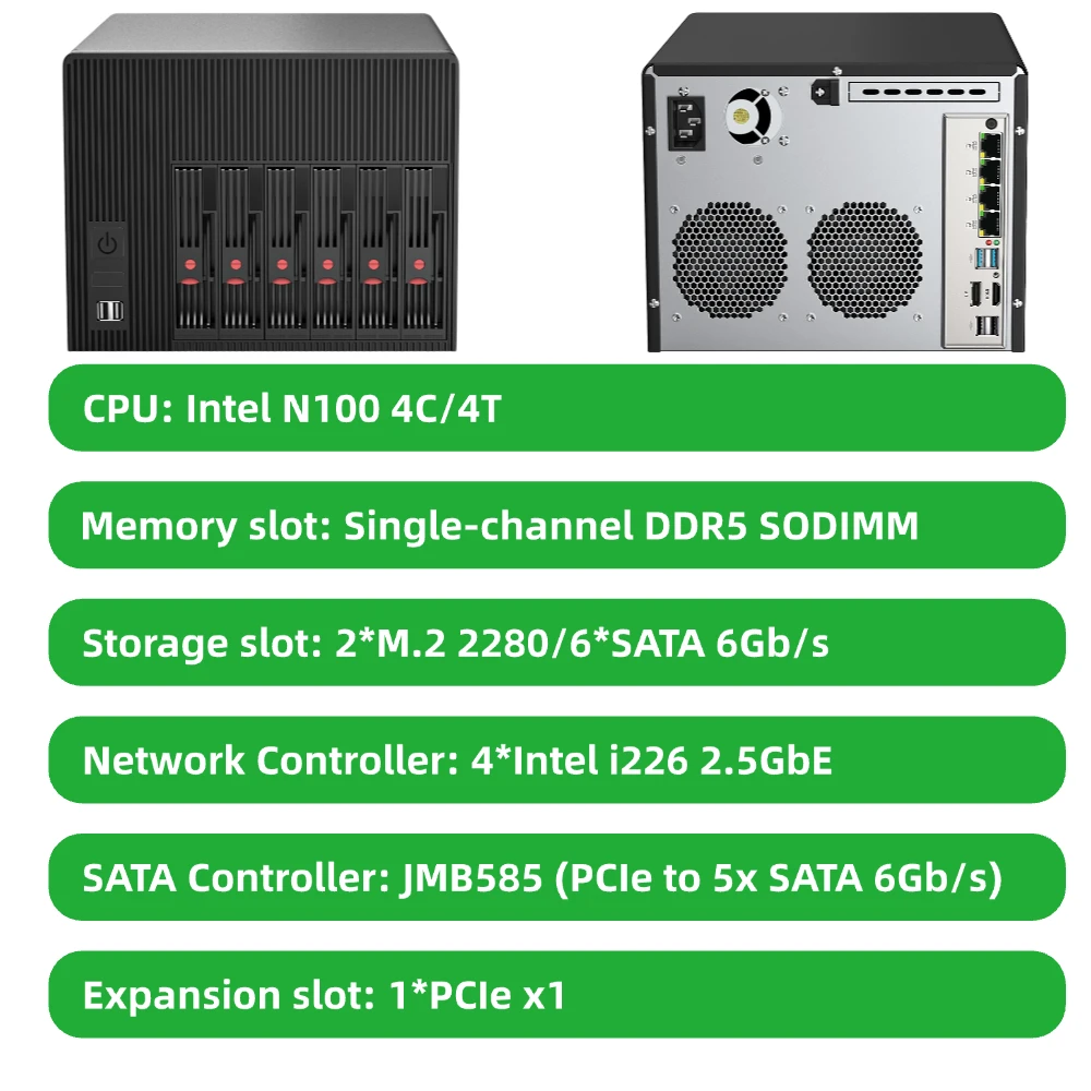 6-Bay NAS-Unterstützung 2,5" 3,5" SATA HDD SSD Inside Celeron N5105 8GB RAM 256GB SSD 4x2,5GbE für Home Sever BKHD-6-Bay-1338-NAS